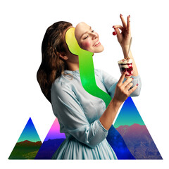 Contemporary art collage. Woman enjoys moment of pure bliss, savoring cherry-topped dessert against...