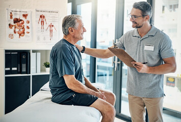 Physiotherapy, clipboard and senior patient consulting for rehabilitation, recovery and treatment. Healthcare, physical therapy and chiropractor with old man for medical service, wellness and results