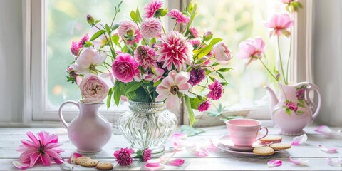 pink and purple rose hellebore boho flower arrangements glass crystal vase, ai