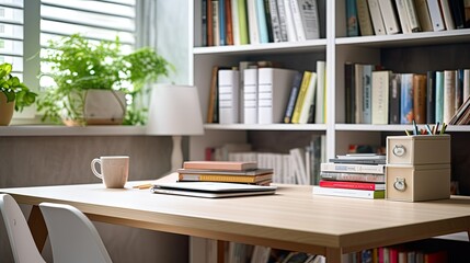 white table with books, stationery and copy space in blurred study room