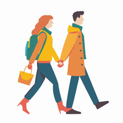 Man woman walking together, couple holding hands, fashionable autumn clothing. Young adults stroll side side, casual fall fashion, relationship bond concept. Cartoon characters stroll, modern style
