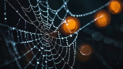 Close-up of a spider web decorated with sparkling dew drops, capturing the stillness of an eerie Halloween night