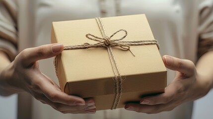 A female hand giving and a male hand receiving a brown smooth cardboard box with a window and a jute string bow. Generative AI.