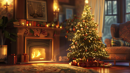 Cozy Christmas Living Room with Tree and Fireplace - A warm and cozy living room decorated for Christmas with a glowing fireplace and a beautifully lit tree.