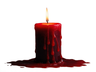 This Halloween gothic spooky atmosphere background features a red burning and melting candle on a white and transparent background with copy space. PNG