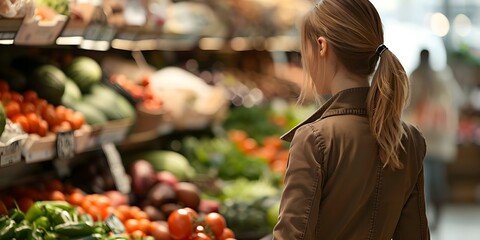Obraz premium Woman shopping for produce at a market. Concept Fruit and Vegetables, Local Market, Fresh Produce, Shopping Experience, Healthy Eating