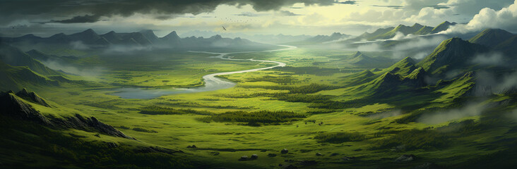 Illustrate a landscape resembling waves of verdant fields with graceful curves and rich green tones. Focus on the fluid and dynamic movement within the natural scenery