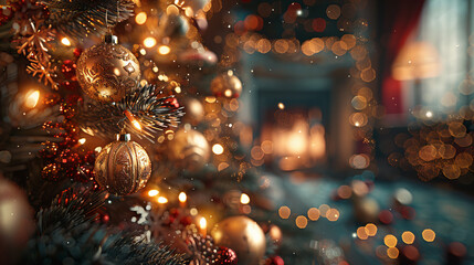 Christmas Tree Decorations - A Christmas tree decorated with sparkling lights and golden ornaments, creating a warm festive atmosphere.