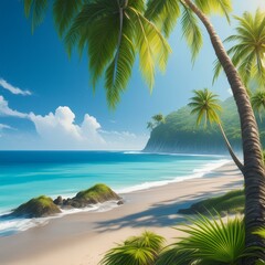 Fototapeta premium Tropical paradise beach, beautiful magical palm trees hanging on the seashore.