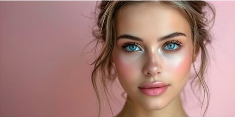 Naklejka premium Woman with soft makeup on pastel background ideal for text placement. Concept Soft Makeup, Pastel Background, Text Placement, Woman Portrait