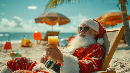 Santa Claus on the Beach - An elderly man dressed as Santa Claus enjoying a drink on the beach