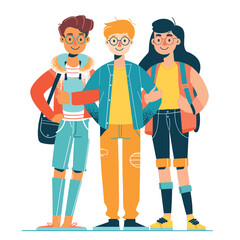 Three young friends standing together, smiling, looking confident. Diverse group animated characters, casual streetwear fashion. Youthful, happy, diverse teenagers, stylish clothing, friendship