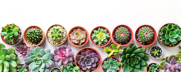  A collection of various types of cactus plants arranged in a row against a white background. 