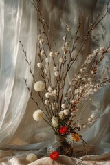 Beautiful bouquet of flowers and willow twigs with catkins, ai