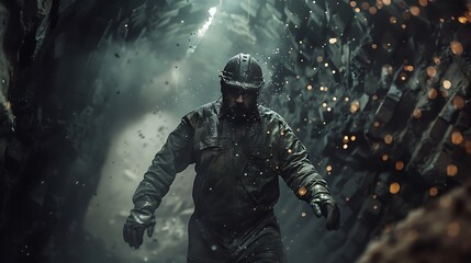 Fototapeta premium Emerging from the Depths: Portrait of a Determined Miner Resurfacing from the Earth