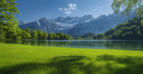A green grass, lake and mountains in the background. It was a sunny day with bright colors, trees and blue sky. The clear lake has snow capped peaks in the distance. Generative AI.
