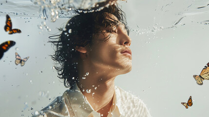 handsome Japanese guy underwater. Small butterflies flutter around the man, the man has a sensual, calm face and closed eyes. Man in the water. 