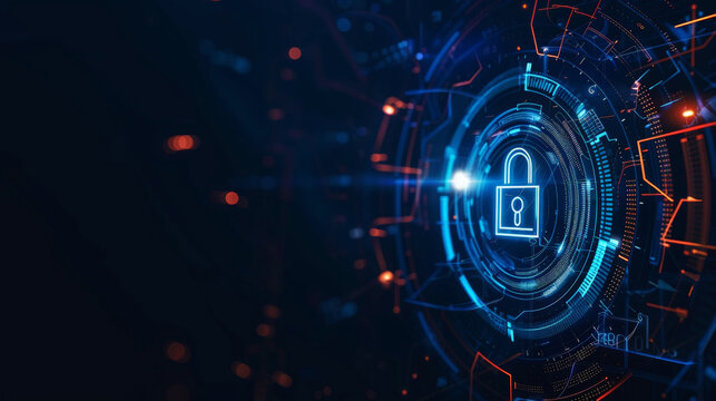 Digital access lock. Dark blue business and technology background, data protection and cyber security. Generative AI