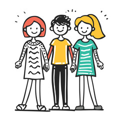 Three friends standing together smiling happily, diverse group friendship illustration. Cartoon characters, two females one male, holding hands unity concept isolated white background. Young adults