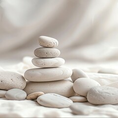 Zen pebble stack, close-up, soft light, neutral tones for a peaceful wallpaper