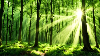 Obraz premium beautiful-rays-of-sunlight-in-a-green-forest