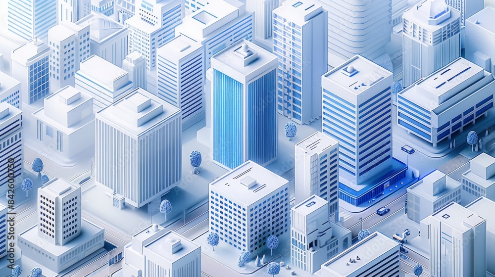 Poster a modern cityscape rendered in isometric style, featuring white buildings with blue accents and shad