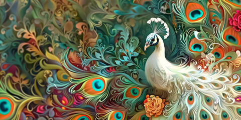 Fototapeta premium A breathtaking image of a beautiful white peacock amid a burst of vibrant abstract foliage and peacock feathers, fusing art and nature in a captivating way