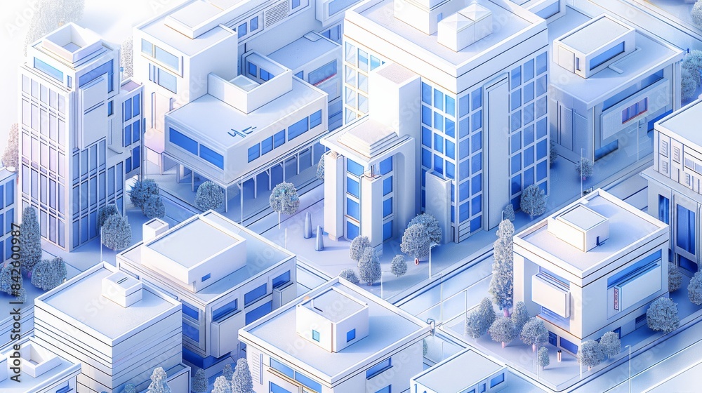 Poster a modern cityscape rendered in isometric style, featuring white buildings with blue accents and shad