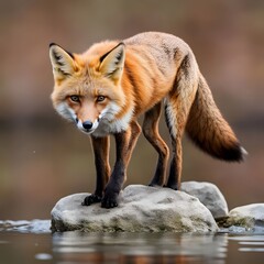 Fototapeta premium -beautiful-red-fox-standing-on-a-few-stones-over-the-water-surface-very-focused-on-its-prey