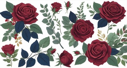 A bouquet of roses and green leaves. The arrangement is colorful and vibrant, giving off a cheerful and lively mood