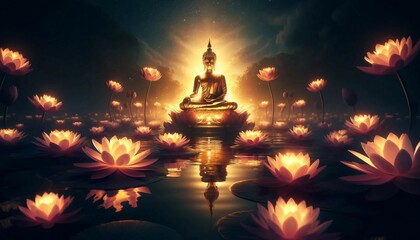 Glowing Lotus Flowers and Gold Buddha Statue