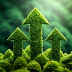upward pointing arrows made of lush green moss - illustration of ecological, sustainable growth and develeopement