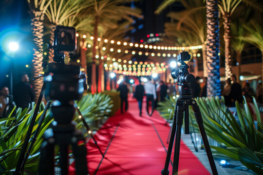 A red carpet event where photographers are busy taking photos with their cameras and tripods. The event takes place outside at night in Dubai, featuring vibrant lights and decorati