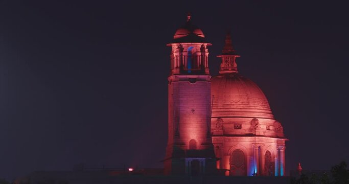 New Delhi, Delhi, India. Close up of Rashtrapati Bhavan, Bell tower and Ministry of External Affairs in Kartavya Path, Rajpath Area. Rashtrapati Bhavan in evening night illumination lights lighting