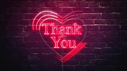 Thank You neon sign in heart shape on brick wall background - Powered by Adobe