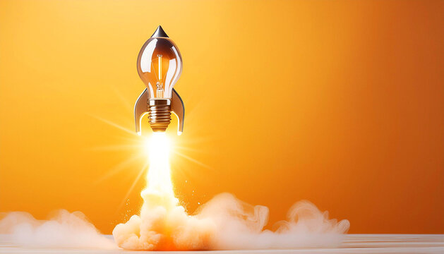 Close-up of a light bulb taking off and releasing smoke like a rocket against a yellow-orange background with copy space. Idea explosion, startup, big ideas and leadership concept. Generative Ai.