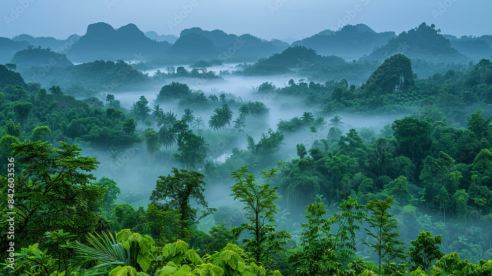 Wall mural a lush green forest with misty mountains in the background