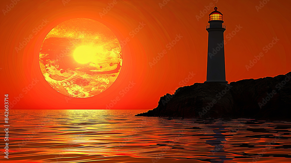 Sticker a lighthouse is on a rocky shoreline with a large orange sun in the background - Stickers
