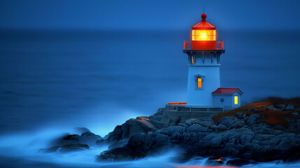 Obraz premium A lighthouse is on a rocky shoreline with the ocean in the background