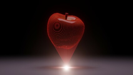 Healthy food engineering concept with red glowing hologram of apple on black backdrop. Futuristic icon of red apple. Production of healthy food. 3D rendering of apple isolated on black background