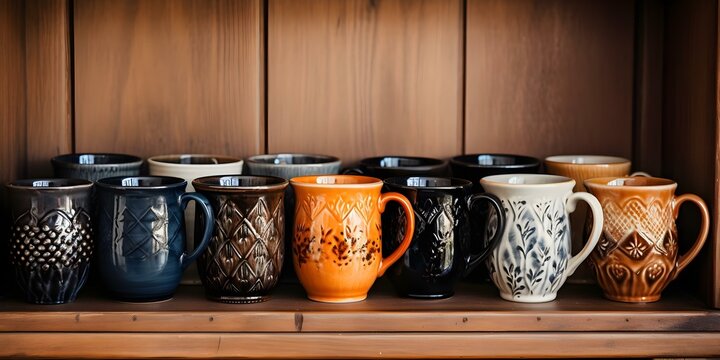 Assorted coffee cups including unique ceramic mugs neatly displayed on wooden shelf. Concept Coffee Cups, Ceramic Mugs, Wooden Shelf Display, Assorted Collection