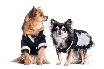 Obraz premium Two adorable long haired chihuahuas posing in costumes on white background