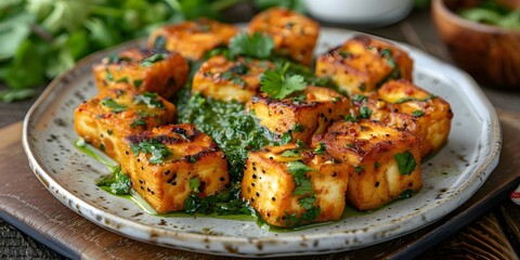 Plate of paneer cheese cubes with green sauce and cilantro on table. Concept Food Photography, Paneer Cheese, Green Sauce, Culinary Delight, Plating Inspiration
