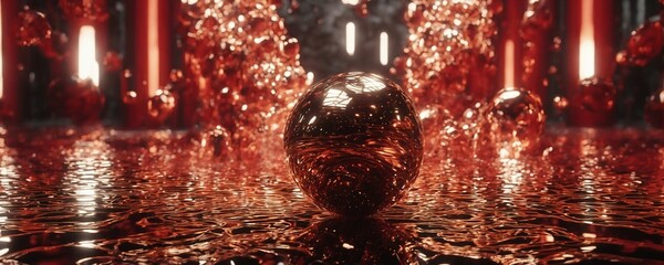 there is a shiny sphere sitting on a shiny surface