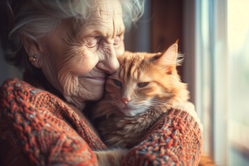 An elderly woman is holding a cat in her arms. The cat is orange and has a fluffy coat. The woman is happy and content as she holds the cat