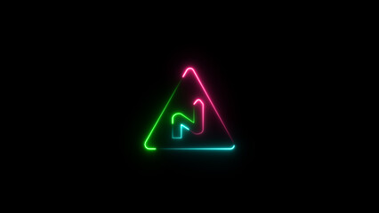 Neon triangular road sign . Glowing curves road sign. Triangle warning road sign. Road warning sign.