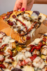 Pizza rotonda cotta in forno nel ruoto condita con melanzane, peperoni, zucchine e mozzarella servita su un tagliere di legno