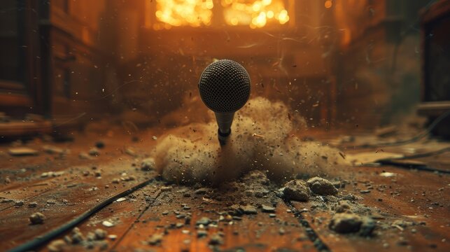 Close up, look down view, the microphone drop on the wooden floor, the moment of dropping and crashing, wood floor cracks,