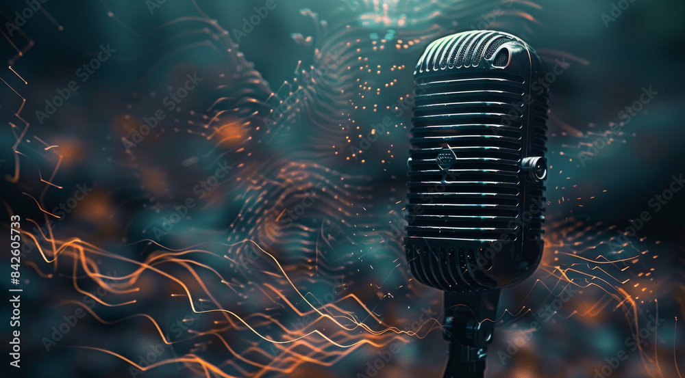 Poster a microphone with illustration of sound voice waves in the background. minimalist, dark colors. gene