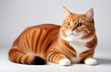 fluffy red cat lies isolated on a white background.